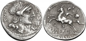 M. Sergius Silus. AR Denarius, 116-115 BC. Helmeted head of Roma right; before, EX. S.C; behind, ROMA and X. / Horseman left, holding sword and a seve...