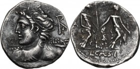 Lucius Caesius. AR Denarius, 112-111 BC. Youthful bust of Vejovis left, seen from behind, holding thunderbolt in upraised right hand; in right field, ...