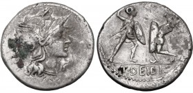 T. Didius. Fourrée Denarius, 113-112 BC. Helmeted head of Roma right; behind, ROMA in monogram; below, X. / Battle between two gladiators; in exergue,...
