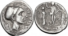 Cn. Blasio Cn. F. AR Denarius, 112-111 BC. Helmeted head right (Scipio Africanus the Elder or Blasio?), X above, CN. BLASIO. CN.F. before and [bucrani...