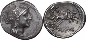 C. Claudius Pulcher. AR Denarius, 110 or 109 BC. Helmeted head of Roma right. / Victory in biga right, holding reins; in exergue, C. PVLCHER. Cr. 300/...
