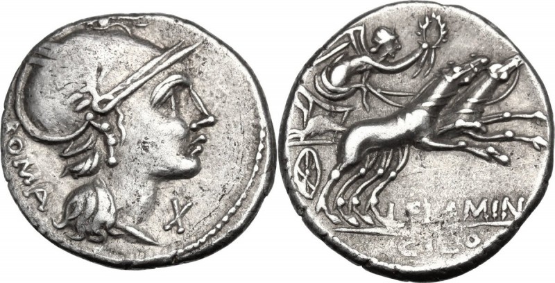 L. Flaminius Chilo. AR Denarius, 109 or 108 BC. Helmeted head of Roma right; beh...