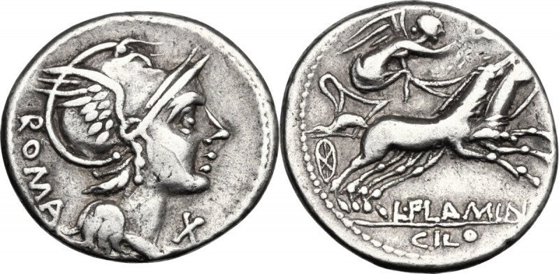 L. Flaminius Chilo. AR Denarius, 109 or 108 BC. Helmeted head of Roma right; beh...