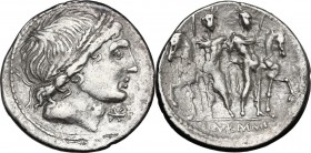 L. Memmius. AR Denarius, 109-108 BC. Young male head right (Apollo?), wearing oak-wreath; before, X. / Dioscuri standing facing between their horses, ...