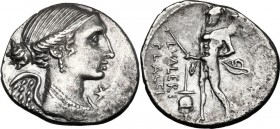 L. Valerius Flaccus. AR Denarius, 108-107 BC. Draped bust of Victory right; below chin, X. / L. VALERI/FLACCI. Mars walking left, holding spear and tr...