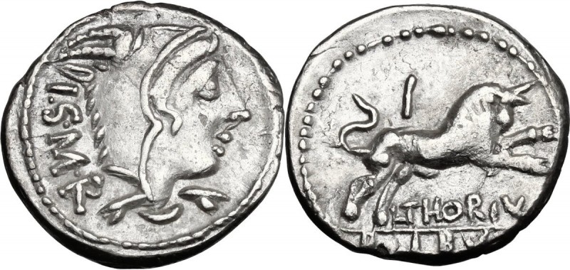 L. Thorius Balbus. AR Denarius, 105 BC. Head of Juno of Lanuvium right, wearing ...