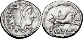 L. Thorius Balbus. AR Denarius, 105 BC. Head of Juno of Lanuvium right, wearing goat's skin, I.S.M.R. behind. / Bull charging right, I above, L. THORI...