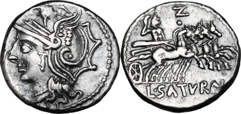 L. Appuleius Saturninus. AR Denarius, 104 BC. Helmeted head of Roma left. / Satu...