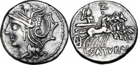 L. Appuleius Saturninus. AR Denarius, 104 BC. Helmeted head of Roma left. / Saturn in quadriga right; above the horses, Z and dot; in exergue, L. SATV...