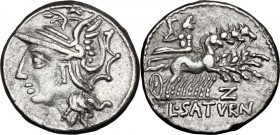L. Appuleius Saturninus. AR Denarius, 104 BC. Helmeted head of Roma left. / Saturn in quadriga right; below horses, Z; in exergue, L. SATVRN. Cr. 317/...