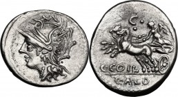 C. Coelius Caldus. AR Denarius, 104 BC. Helmeted head of Roma left. / Victory in biga left; below horses, C. COIL; in exergue, CALD; above, C and two ...