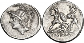 Q. Thermus M.f. AR Denarius, 103 BC. Helmeted head of Mars left. / Roman soldier fighting enemy in protection of fallen comrade; in exergue, Q. THERM....