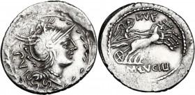 M. Lucilius Rufus. AR Denarius, 101 BC. Helmeted head of Roma right; behind, PV; all within wreath. / Victory in biga right; above, RVF; in exergue, M...