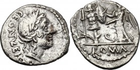 C. Egnatuleius C.f. AR Quinarius, 97 BC. Laureate head of Apollo right; below, Q; behind, C. EGNATVLEI. C. F. / Victory left inscribing shield attache...