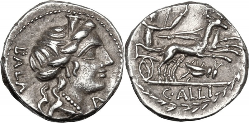 C. Allius Bala. AR Denarius, ca 92 B.C. BALA. Diademed female head right; below ...