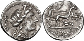 C. Allius Bala. AR Denarius, ca 92 B.C. BALA. Diademed female head right; below chin, A. / Diana in biga of stags right; with quiver over shoulder and...