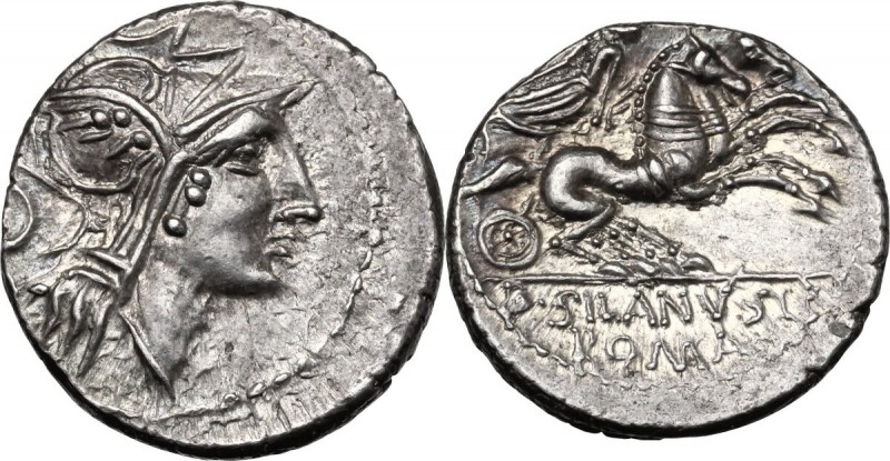 D. Silanus L.f. AR Denarius, 91 BC. Helmeted head of Roma right; behind, O. / Vi...