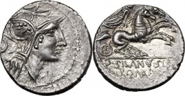 D. Silanus L.f. AR Denarius, 91 BC. Helmeted head of Roma right; behind, O. / Victory in biga right; above, [control marks]; in exergue, D. SILANVS L....