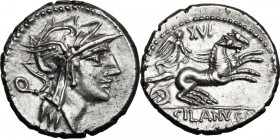 D. Silanus L.f. AR Denarius, 91 BC. Helmeted head of Roma right; behind, Q. / Victory in biga right; above, XVI; in exergue, D. SILANVS L.F/[ROMA]. Cr...