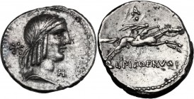 L. Calpurnius Piso Frugi. AR Denarius, 90 BC. Laureate head of Apollo right; behind, mark of value; under chin, H. / Horseman galloping right, holding...