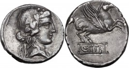 Q. Titius. AR Denarius, 90 BC. Head of young Bacchus right, wearing ivy-wreath. / Pegasus prancing right; below, Q.TITI in linear frame. Cr. 341/2; B....