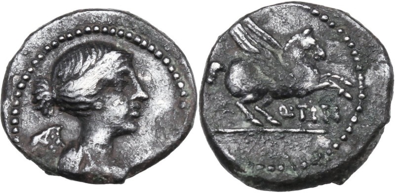 Q. Titius. AR Quinarius, 90 BC. Draped bust of Victory right. / Pegasus right; b...