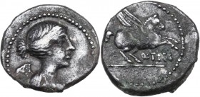 Q. Titius. AR Quinarius, 90 BC. Draped bust of Victory right. / Pegasus right; below, Q. TITI. Cr. 341/3; B. 3. AR. 1.84 g. 14.00 mm. Black patina. Go...