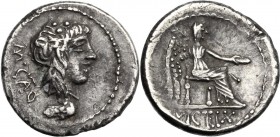 M. Cato. AR Quinarius, 89 BC. M. CATO. Ivy-wreathed head of Liber right; below, comic mask. / Victory seated right, holding patera and palm-branch; in...