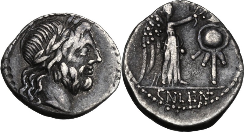 Cn. Lentulus Clodianus. AR Quinarius, 88 BC. Laureate head of Jupiter right. / V...