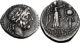 Cn. Lentulus Clodianus. AR Quinarius, 88 BC. Laureate head of Jupiter right. / Victory right, crowning trophy; in exergue, CN. LENT. Cr. 345/2; B. (Co...