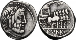 L. Rubrius Dossenus. AR Denarius, 87 BC. DOSSEN. Laureate head of Jupiter right, sceptre over shoulder. / Triumphal quadriga right decorated with thun...