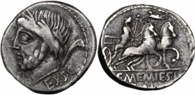 L. and C. Memmius L.f. Galeria. AR Denarius, 87 BC. Laureate head of Saturn right; behind, harpa; below, EX S.C.; below chin, control mark. / Venus in...