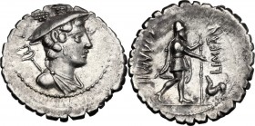 C. Mamilius Limetanus. AR Denarius serratus, 82 BC. Draped bust of Mercury right, wearing winged petasus; caduceus over left shoulder; above, I. / C. ...