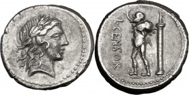 L. Censorinus. AR Denarius, 82 BC. Laureate head of Apollo right. / L. CENSOR. The satyr Marsyas, standing left, with right arm raised and holding win...