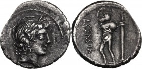 L. Censorinus. Fourrée (?) Denarius, 82 BC. Laureate head of Apollo right. / L. CENSOR. The satyr Marsyas, standing left, with right arm raised and ho...