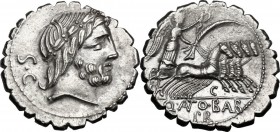 Q. Antonius Balbus. AR Denarius serratus, 83-82 BC. Laureate head of Jupiter right, S.C behind. / Victory in quadriga right; below horses, C; in exerg...