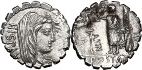 A. Postumius A.f. Sp. n. Albinus. AR Denarius serratus, 81 BC. HISPAN. Veiled head of Hispania right with dishevelled hair. / A. POST. A. F.S.N. ALBIN...