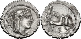 L. Procilius. AR Denarius serratus, 80 BC. Head of Juno Sospita right, wearing goat's skin; behind, S.C. / Juno Sospita in prancing biga right, holdin...