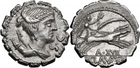 Ti. Claudius Ti. f. Ap. n. Nero. AR Denarius serratus, 79 BC. Draped bust of Diana right, bow and quiver on shoulder; before chin, SC. / Victory in pr...