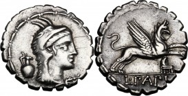 L. Papius. AR Denarius serratus, 79 BC. Head of Juno Sospita right, wearing goat's skin; behind, jug. Bead-and-reel border. / Gryphon leaping right; b...