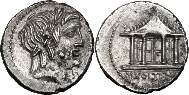 M. Volteius M.f. AR Denarius, 78 BC. Laureate head of Jupiter right. / Temple of...