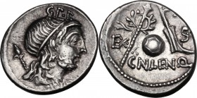 Cn. Lentulus. AR Denarius, 76-75 BC. Diademed and draped bust of the Genius of the Roman People right, sceptre on shoulder; above, G.P.R. / EX-SC. Ter...