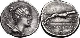 C. Postumius. AR Denarius, 74 BC. Bust of Diana right, wearing hair tied into knot; bow and quiver over shoulder. / Hound running right; hunting spear...