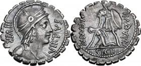 Mn. Aquillius Mn. f. Mn. n. AR Denarius serratus, 71 BC. VIRTVS III. VIR. Helmeted bust of Virtus right. / MN. AQVIL. MN. F. MN. N. The consul Man. Aq...