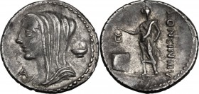 L. Cassius Longinus. AR Denarius, 63 BC. Veiled and draped bust of Vesta left; behind, kylix; before, A. / Male figure left, dropping tablet inscribed...