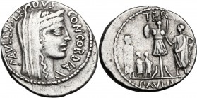 L. Aemilius Lepidus Paullus. AR Denarius, 62 BC. Veiled and diademed head of Concordia right; PAVLLVS LEPIDVS CONCORDIA around. / TER above trophy, L....