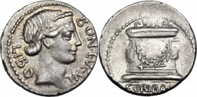 L. Scribonius Libo. AR Denarius, 62 BC. BON EVENT before diademed head of Bonus Eventus right, LIBO behind. / PVTEAL. Puteal Scribonianum decorated wi...