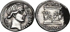 L. Scribonius Libo. AR Denarius, 62 BC. BON EVENT before diademed head of Bonus Eventus right, LIBO behind. / PVTEAL. Puteal Scribonianum decorated wi...