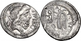 M. Nonius Sufenas. AR Denarius, 59 BC. Head of Saturn right; before, SVFENAS; behind, harpa, conical stone and SC. / PR. L. V. P. F. Roma seated left ...