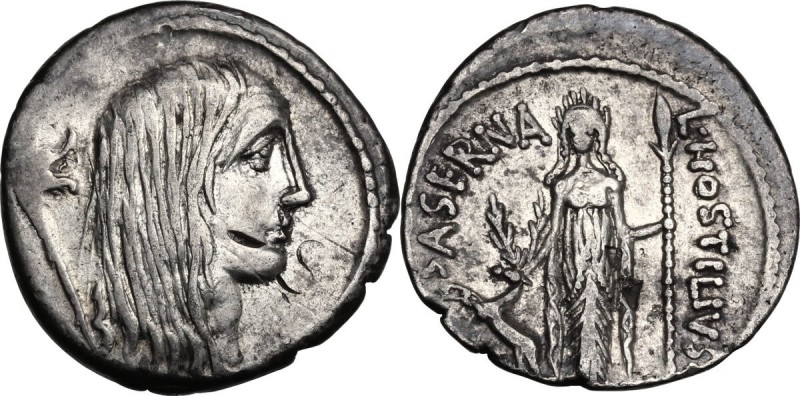 L. Hostilius Saserna. AR Denarius, 48 BC. Head of Gallia right, hair long and di...